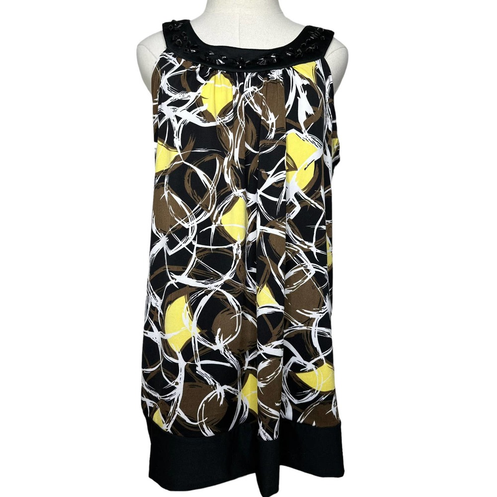 Kaktus Dress Size L Black Brown Yellow Sleeveless Dress Beaded Neckline #B04